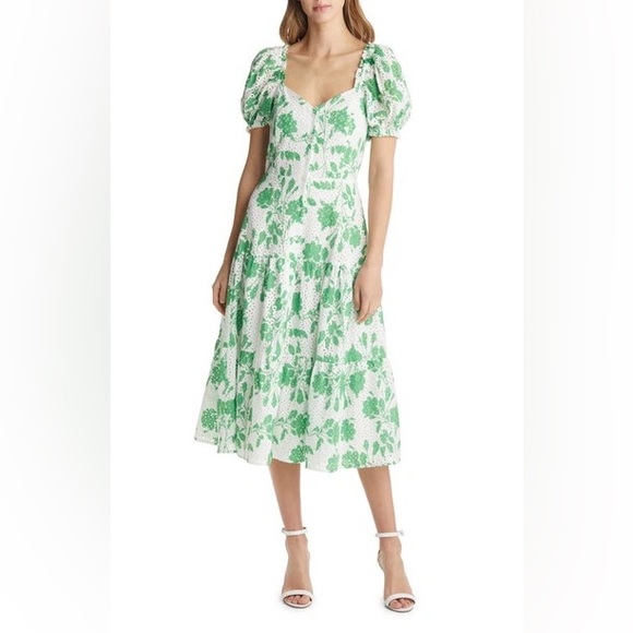 Rachel Parcell | Stencil Floral Eyelet Puff Sleeve Midi Dress Foliage Green - Picture 11 of 12